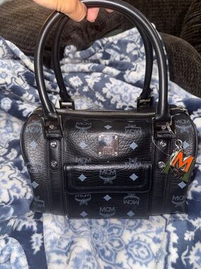 MCM Black Logo Boston Satchel with MCM charms!